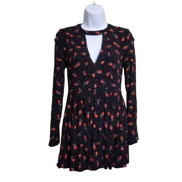 Free People Black with Pink floral Long sleeve Fit & Flare Top Size 2 - Picture 1 of 10